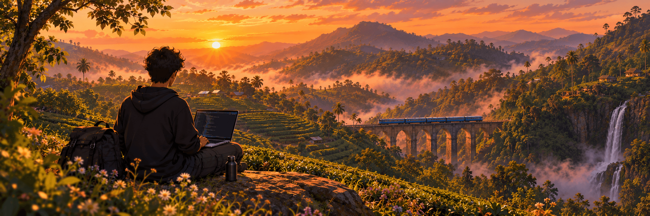 The same hillside at sunset, with the train crossing the bridge
